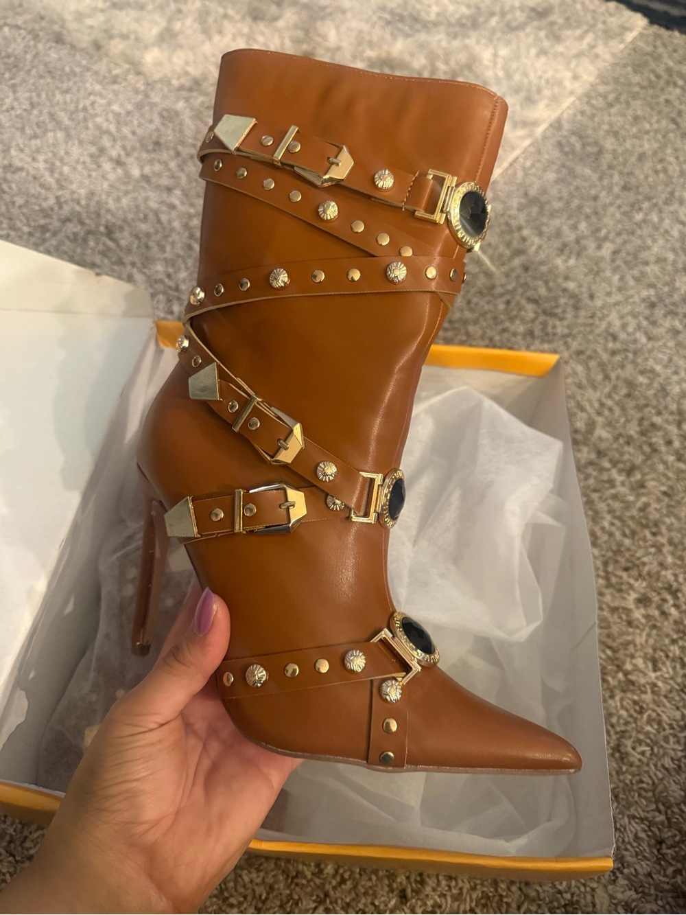 Studded Brown Leather High-Heel Ankle Boot